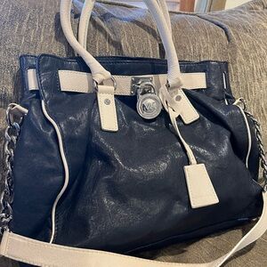 Michael Kors Navy Blue Leather Shoulder Tote Bag